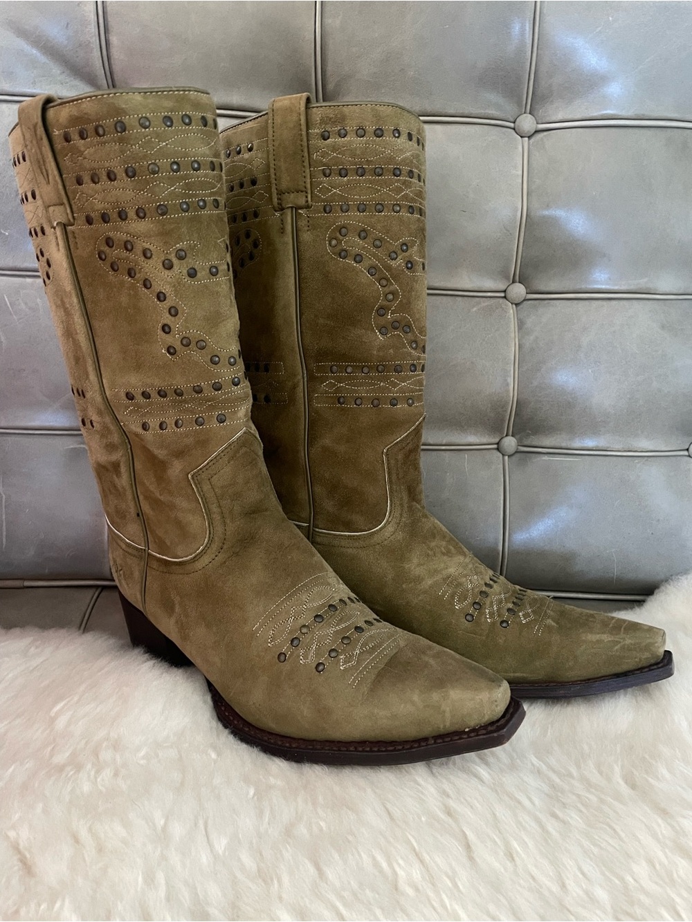 Frye Women’s Suede Studded Western Boots - Olive Sz 10
